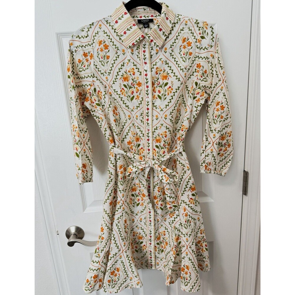 CeCe Women's Small White Floral Collared 3/4 Sleeve Button Belted Shirt Dress